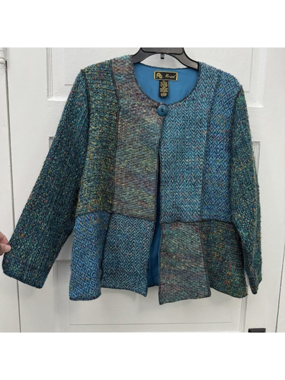 Mirasol Patchwork Boucle Jacket Womens S Teal Lined Art to Wear Peplum